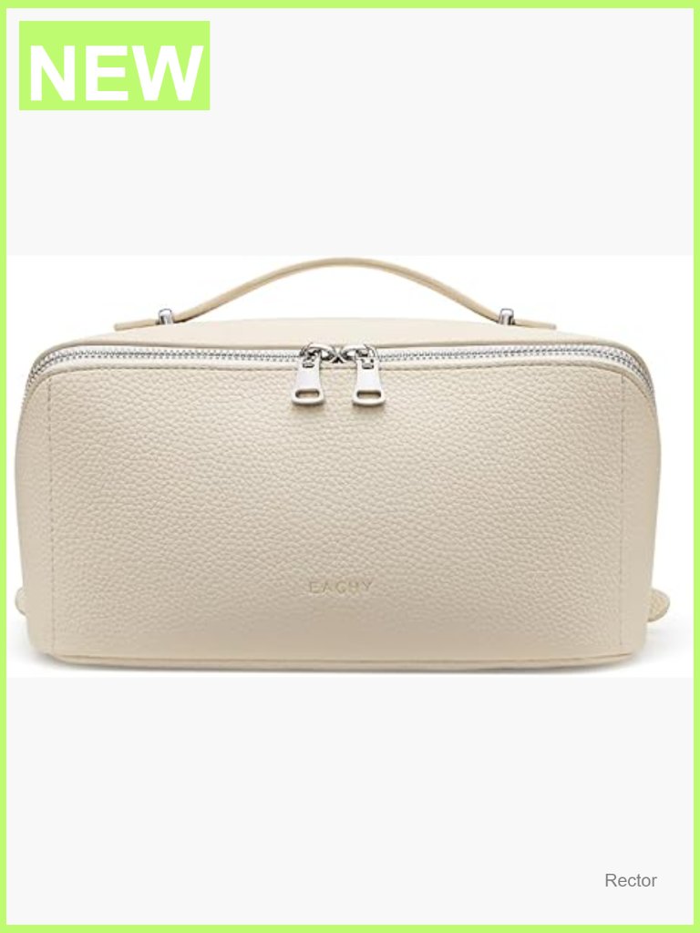 Lychee Leather Large Cosmetic Bag, Open Flat Toiletry Organizer With Tpu Brush